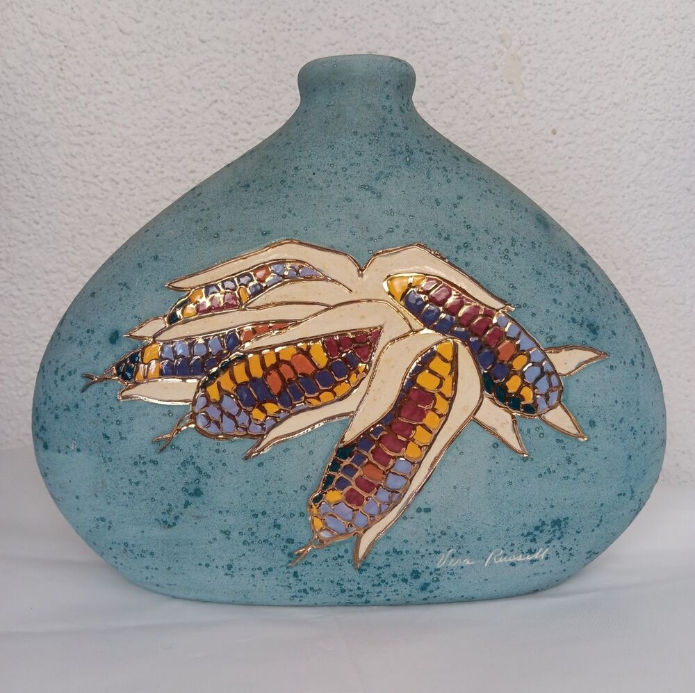 Vera Russell Southwestern Pottery Vase Corn Gold Trim Accents Signed 107/500